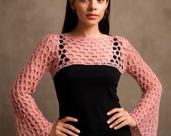 Crochet Pattern PDF Womens Long Sleeve Cropped Mesh Sweater Shrug Ladies Lacy Crop Slipover Top Cotton DK 8ply 30 - 50" Plus Sizes Download