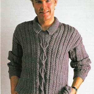 Mens Cable Panel Sweater Jumper Pullover V Neck & Collar PDF Knitting Pattern Shetland DK ( 8 ply ) 37 - 43&quot; Vintage Download