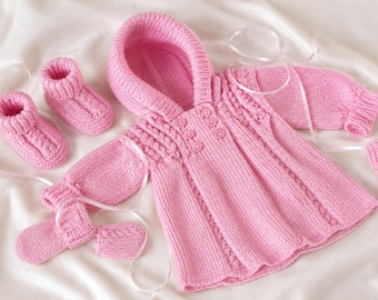 Baby Girls Cable Hooded Coat, Mittens & Bootees Knitting Pattern PDF DK 8ply 0 - 12 Mths Download