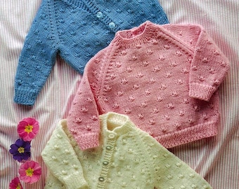 Baby Girls Boys Textured Raglan Cardigan Sweater Jumper PDF Knitting Pattern DK ( 8 ply ) 16 - 20&quot; 0 - 12 mths Vintage Digital Download 1718