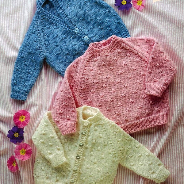 Baby Girls Boys Textured Raglan Cardigan Sweater Jumper PDF Knitting Pattern DK ( 8 ply ) 16 - 20" 0 - 12 mths Vintage Digital Download 1718