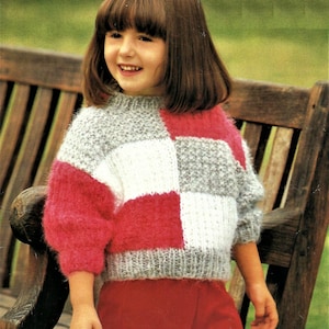 PDF Knitting Pattern Girls Colour Block Crop Sweater Patchwork Jumper 20 - 28&quot; 6mths - 8 yrs Super Chunky ( Super Bulky ) Vintage Download