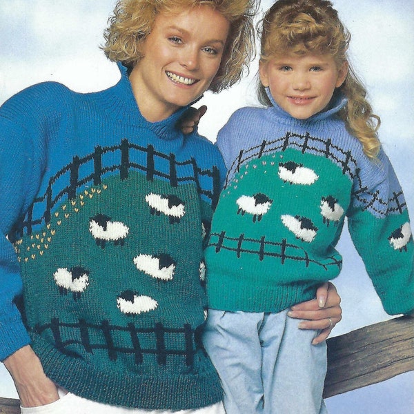 Ladies Girls Sheep Intarsia Motif Sweater Jumper Novelty Farm PDF Knitting Pattern DK ( 8 ply ) 23 - 40" Vintage Download