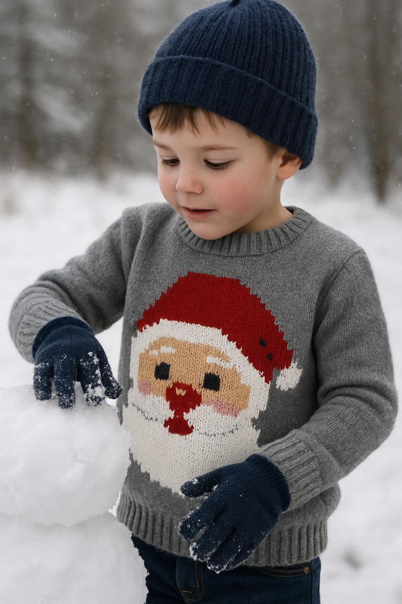 May include: A child wearing a gray sweater with a Santa Claus face design, a navy blue knit cap, and navy blue gloves. The child is building a snowman in a snowy outdoor setting. The sweater features a red hat and white beard.