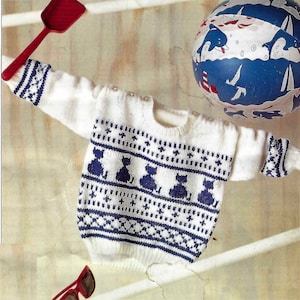 PDF Baby Boys Girls Cat Intarsia Fair Isle Sweater Jumper Knitting Pattern DK ( 8 ply ) 19 - 23" 6m - 4 years Downloadable