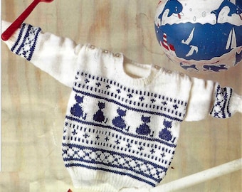 PDF Baby Boys Girls Cat Intarsia Fair Isle Sweater Jumper Knitting Pattern DK ( 8 ply ) 19 - 23" 6m - 4 years Downloadable