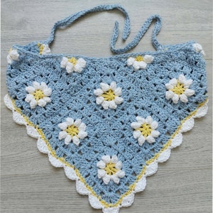 PDF Crochet Pattern Bandana Daisy Flower Granny Square Kerchief Head Scarf Easy Boho Style in Cotton DK ( 8 ply ) Adult One Size Womens