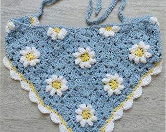 PDF Crochet Pattern Bandana Daisy Flower Granny Square Kerchief Head Scarf Easy Boho Style in Cotton DK ( 8 ply ) Adult One Size Womens