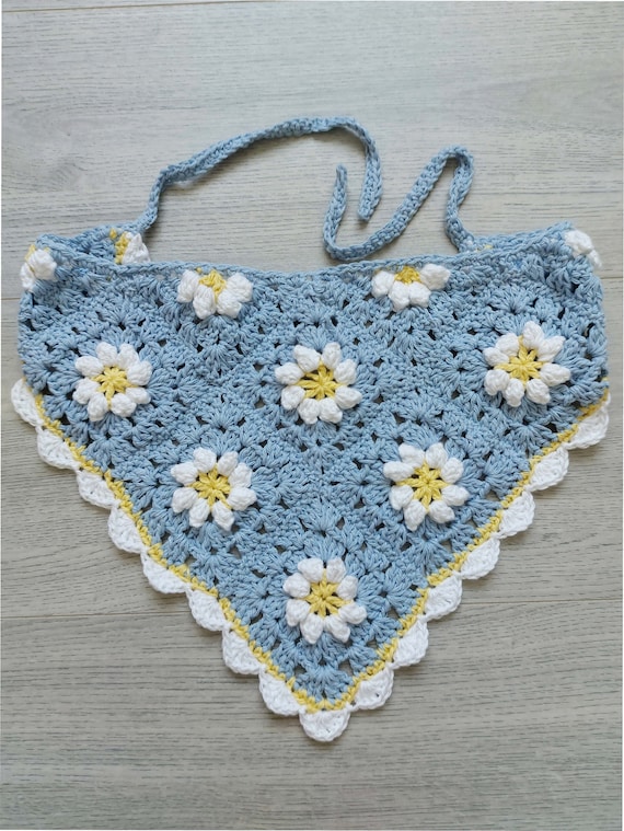PDF Crochet Pattern Bandana Daisy Flower Granny Square Kerchief Head Scarf Easy Boho Style in Cotton DK ( 8 ply ) Adult One Size Womens
