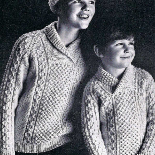 PDF Knitting Pattern Childs Boys Cable Sweater Jumper Shawl Collar Pullover Aran ( 10 ply, Worsted ) 22 - 32" 1 - 13 yrs Vintage