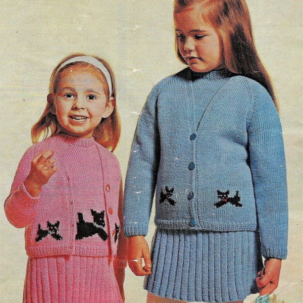 Girls Scottie Dog Set Plaeated Skirt Sweater & Cardigan with Intarsia Motif PDF Knitting Pattern DK ( 8 ply ) 20 - 26" 6m - 6 yrs Vintage