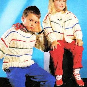 Boys Girls Fishermans Rib Jacket Cardigan Sweater Striped Jumper PDF Knitting Pattern Aran 10ply Worsted 22 - 30" Age 1 - 10 Vintage