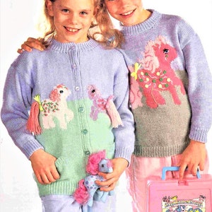 Girls My Little Pony Motif Cardigan Jumper Sweater 2 designs PDF Knitting Pattern DK ( 8 ply ) 24 - 30&quot; 3 -11 yrs Vintage Character Download