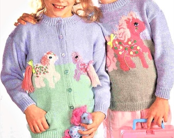 Girls My Little Pony Motif Cardigan Jumper Sweater 2 designs PDF Knitting Pattern DK ( 8 ply ) 24 - 30" 3 -11 yrs Vintage Character Download