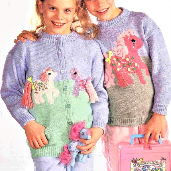 Girls My Little Pony Motif Cardigan Jumper Sweater 2 designs PDF Knitting Pattern DK ( 8 ply ) 24 - 30" 3 -11 yrs Vintage Character Download