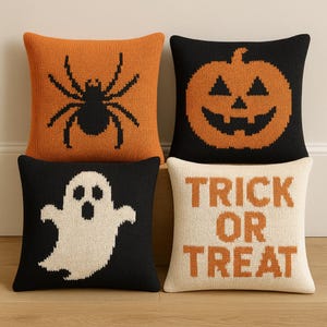 Knitting Pattern PDF Cozy Aran Halloween Cushion Cover Pumpkin Ghost Spider Autumn Home Decor Sofa Pillow 40cm 16" Downloadable