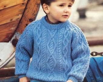 Childs Cable Sweater Crew Neck Jumper Baby Boys PDF Knitting Pattern DK ( 8 ply ) 22 - 30&quot; Age 1 - 10 years Vintage Downlaod