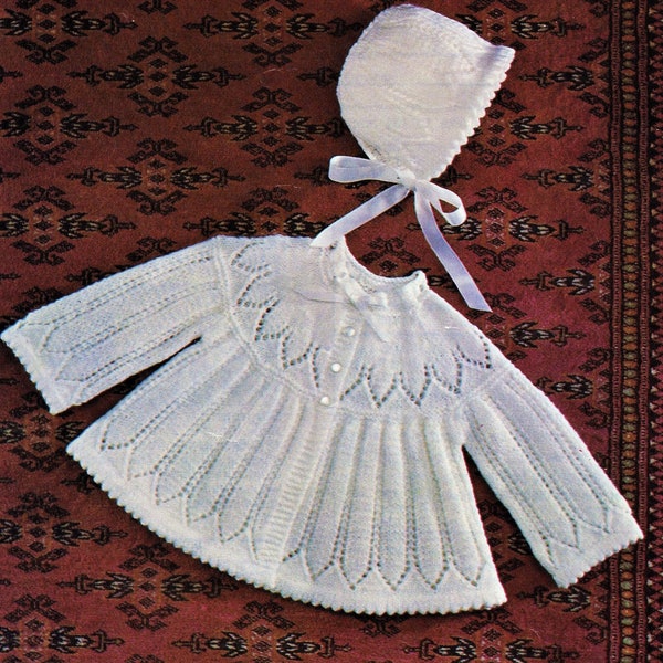 Baby Girls Leaf Yoked Matinee Coat Cardigan Bonnet Jacket PDF Knitting Pattern 4ply 17 - 19" 0 - 6 mths Vintage Download 2548