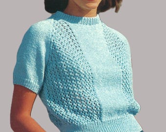 Ladies Short Sleeve Summer Sweater Top Knitting Pattern PDF Womens Lace Side Panel Cotton Jumper DK 8ply 30 - 40" Vintage Downloadable