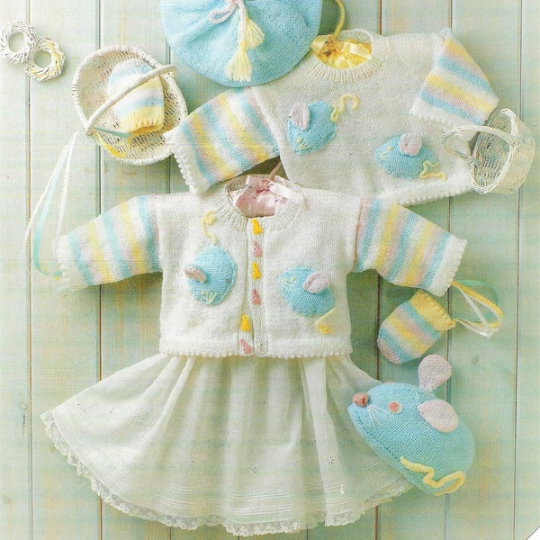 Baby Boys Girls Layette Mouse Motif Toy Cardigan All in one Romper Jumper Boots Mittens Hat PDF Knitting Pattern 4ply 14 - 20" Premature