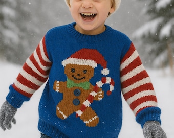 Childs Gingerbread Man Christmas Sweater Jumper PDF Knitting Pattern Baby Toddler Boys Girls Festive Intarsia DK 18 - 26" 3m - 7yrs Download