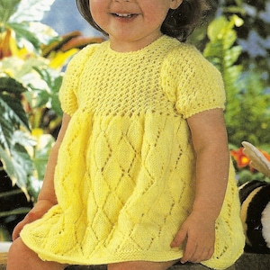 Baby Girls Summer Dress Lacy Diamond Design Short Sleeve PDF Knitting Pattern DK ( 8 ply ) 18 - 20" 3 - 12 mths Vintage Download