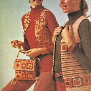 PDF Crochet Pattern Ladies Teenager Granny Square Waistcoat Hand Bag Sleeveless Jacket 70s Style 28" DK ( 8 ply ) Vintage Patchwork
