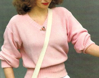 Ladies Wide Waistband V Neck Sweater Summer Jumper Pullover Moss St PDF Knitting Pattern 4ply ( Fingering ) 32 - 36" Womens Vintage
