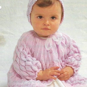 Baby Girls Scalloped Edge Pretty Yoked Matinee Coat Jacket Cardigan Bonnet PDF Knitting Pattern 3 ply 16 - 20&quot; 0 - 12 mths Vinatge Download