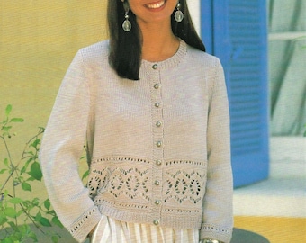 Ladies Lace Border Spring Summer Cardigan PDF Knitting Pattern Cotton DK ( 8 ply ) 32 - 42" Round Neck Vintage Download 4681