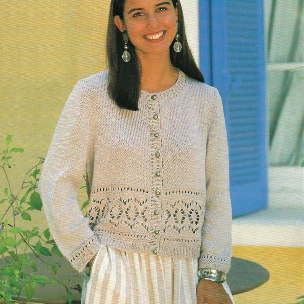 Ladies Lace Border Spring Summer Cardigan PDF Knitting Pattern Cotton DK ( 8 ply ) 32 - 42" Round Neck Vintage Download 4681