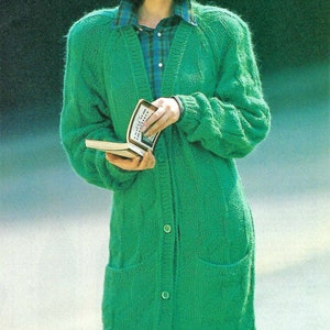 Ladies Long Line Coat Jacket with Pockets Raglan Shaping Full Length Cardigan PDF Knitting Pattern DK ( 8 ply ) 34 - 42&quot; Vintage Download