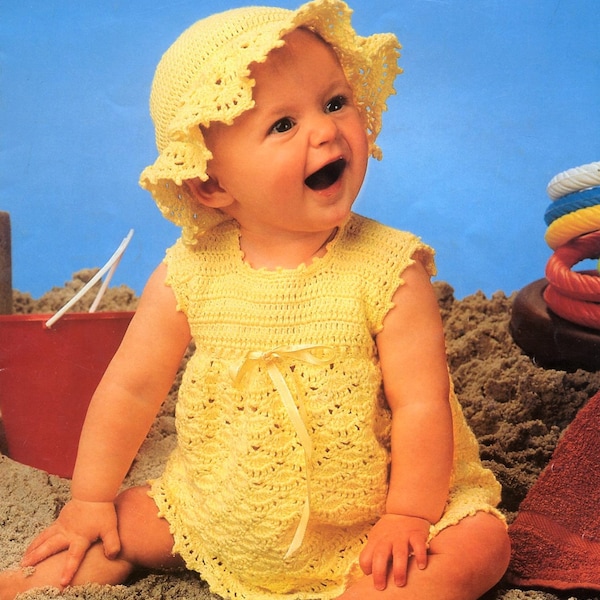 Baby Girls Lacy Summer Dress Floppy Sun Hat PDF Crochet Pattern Easy Cotton 4ply 16 - 20" 0 - 12 mths Vintage Download