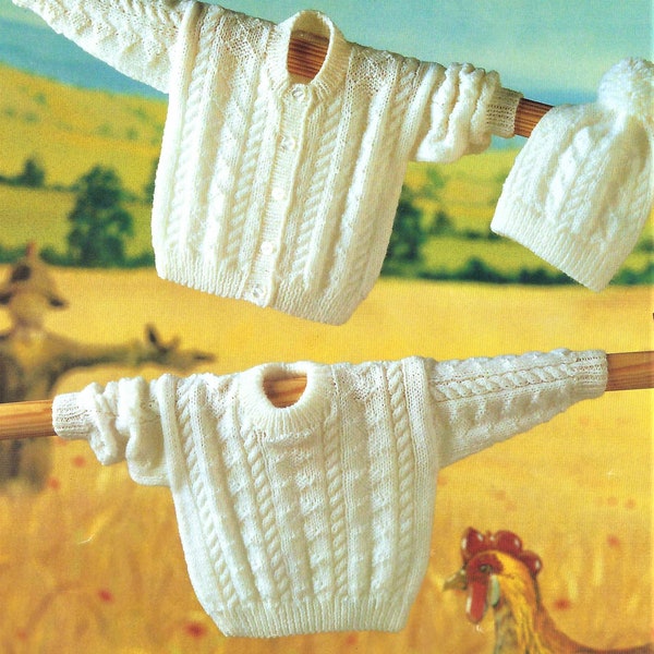 Baby Boys Girls Cable Cardigan Sweater Jumper & Hat Set Jacket PDF Knitting Pattern DK ( 8 ply )  16 - 22" 0 - 2 yrs Vintage Downlaodable