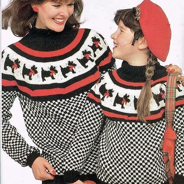 Girls Ladies Scottie Dog Yoked Sweater Jumper Fair Isle PDF Knitting Pattern DK ( 8 ply ) 24 - 40" Age 4 - Adult Womens Vintage Scotty