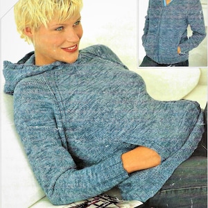 May include: A blue hooded sweater with a marled pattern. The sweater is made of a soft, knitted fabric and has a relaxed fit.