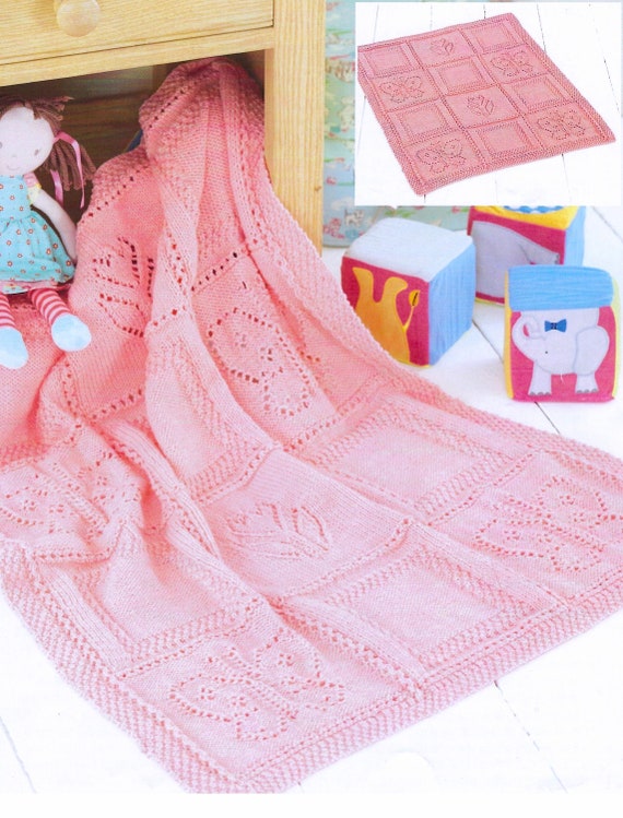 Baby Blanket with Butterfly and Tulip Flower Eyelet Motif Squares Shawl Cot PDF Knitting Pattern DK 8 ply 70 x 84cm Downloadable