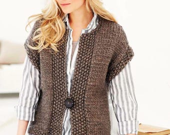 May include: A brown sleeveless knitted vest with a button closure. The vest has a slightly textured knit pattern.