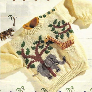 Baby Boys Girls Jungle & Elephant Motif Sweater with Giraffe Toy in Pocket Novelty PDF Knitting Pattern DK ( 8 ply ) Childs Jumper 20 - 26&quot;