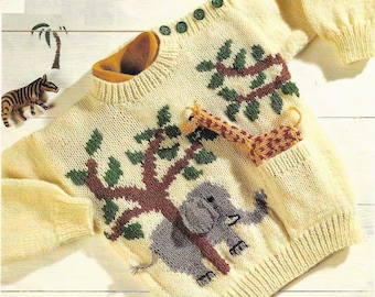 Baby Boys Girls Jungle & Elephant Motif Sweater with Giraffe Toy in Pocket Novelty PDF Knitting Pattern DK ( 8 ply ) Childs Jumper 20 - 26"