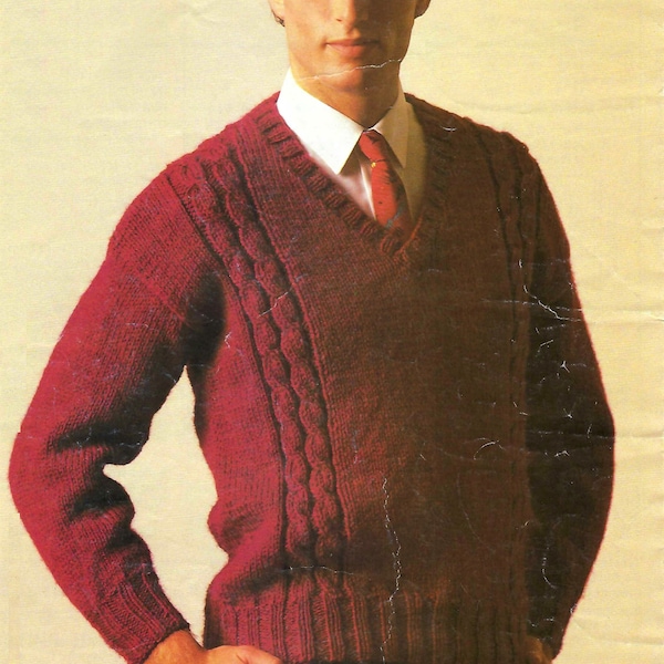 Easy PDF Knitting Pattern Mens Cable Sweater V Neck Jumper Chunky ( Bulky, 12 ply ) 34 - 44" Vintage Download 3242