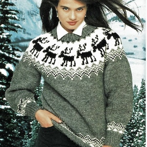 Ladies Reindeer Moose Fair Isle Yoke Sweater Jumper PDF Knitting Pattern Chunky ( Bulky, 12 ply ) Vintage Christmas Download 6423