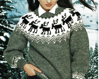 Ladies Reindeer Moose Fair Isle Yoke Sweater Jumper PDF Knitting Pattern Chunky ( Bulky, 12 ply ) Vintage Christmas Download 6423