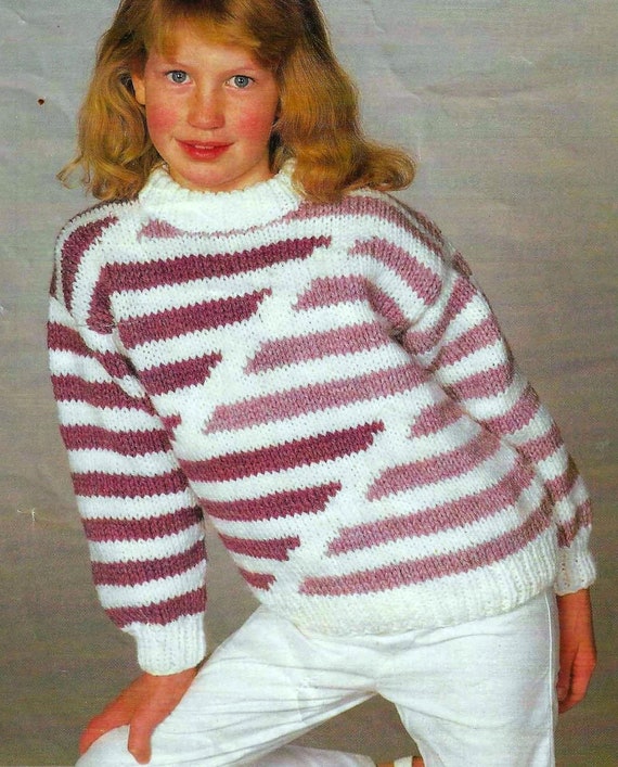Girls Striped Sweater Jumper PDF Knitting Pattern Chunky Bulky 12 Ply 24 32 Age 3 12 Years Vintage Downloadable Etsy Canada