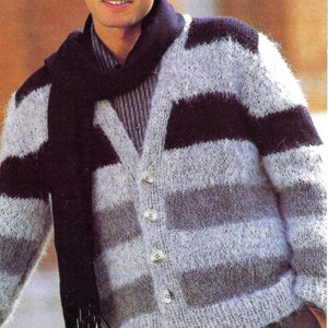 Mens Striped V Neck Cardigan Jacket PDF Knitting Pattern Mohair 36 - 38&quot; Teenager Vintage Download