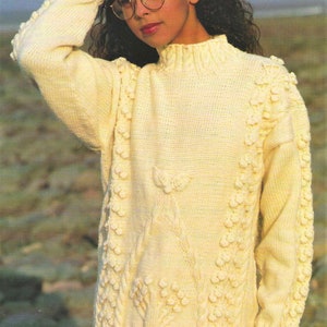 Ladies Long Tunic Sweater Cable Bobble Tree Arch Design Jumper PDF Knitting Pattern Aran ( 10 ply, worsted ) Vintage Download 5019