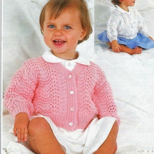 Baby Girls Lacy Fan Eyelet Cardigan Jacket V or Crew neck PDF Knitting Pattern DK ( 8 ply ) 18 - 22&quot; 3mths - 2 years Vintage Download