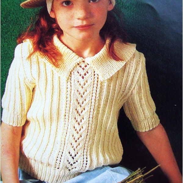 Girls Lace Panel & Rib Summer Top Short Sleeve Sweater PDF Knitting Pattern Cotton DK ( 8 ply ) 22 - 30" Age 1 - 10 years Downloadable