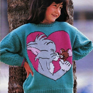 Tom & Jerry Motif Sweater Jumper Cat Mouse Charater 2 Intarsia Designs PDF Knitting Pattern Cotton DK ( 8 ply ) 25 - 29" 6 - 11 yrs Vintage
