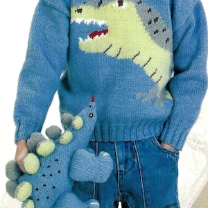 Boys Dinosaur Soft Toy & Matching Motif Sweater Childs Jumper PDF Knitting Pattern DK ( 8 ply ) 22 - 30 Intarsia 1 - 11 years Vintage